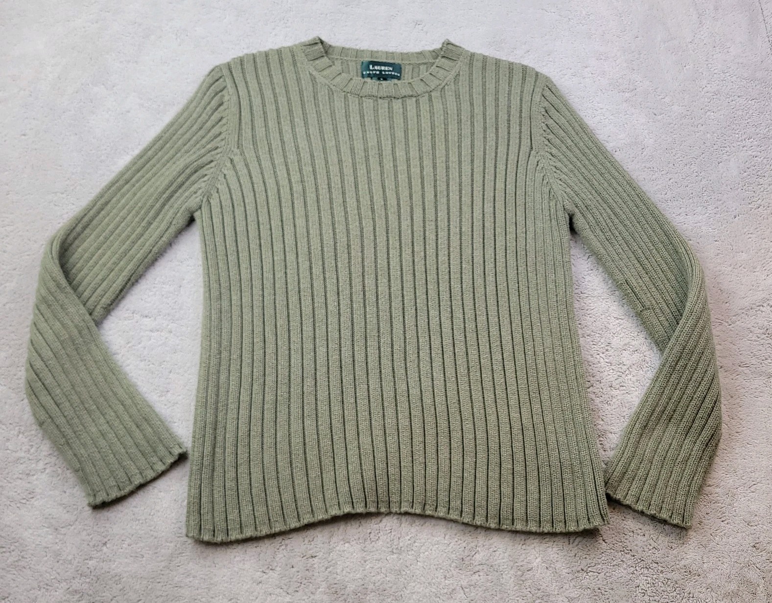 Lauren Ralph Lauren Ribbed Knit Sweater Womens Large Green Crewneck Chunky Logo