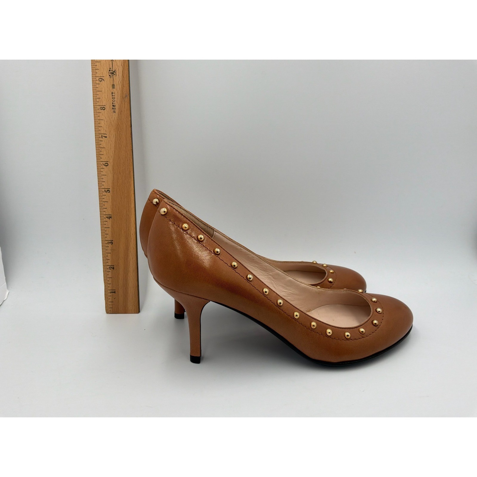 Claudia Ciuti Firenze Brown Leather Studded Round Toe Kitten Heel Pumps Italy