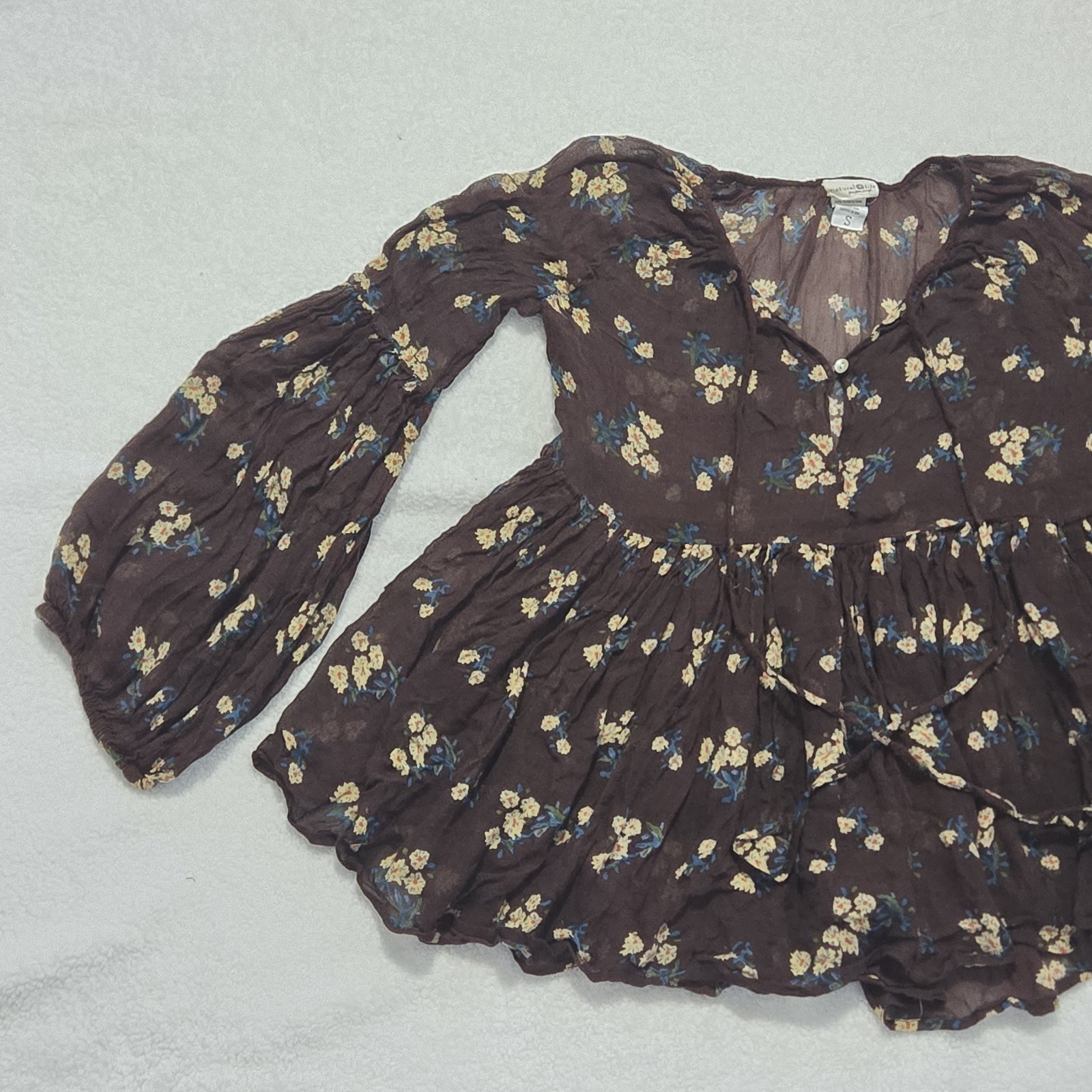 Natural Life Floral Boho Babydoll Top Size S Brown Peasant Puff Sleeve Cottage