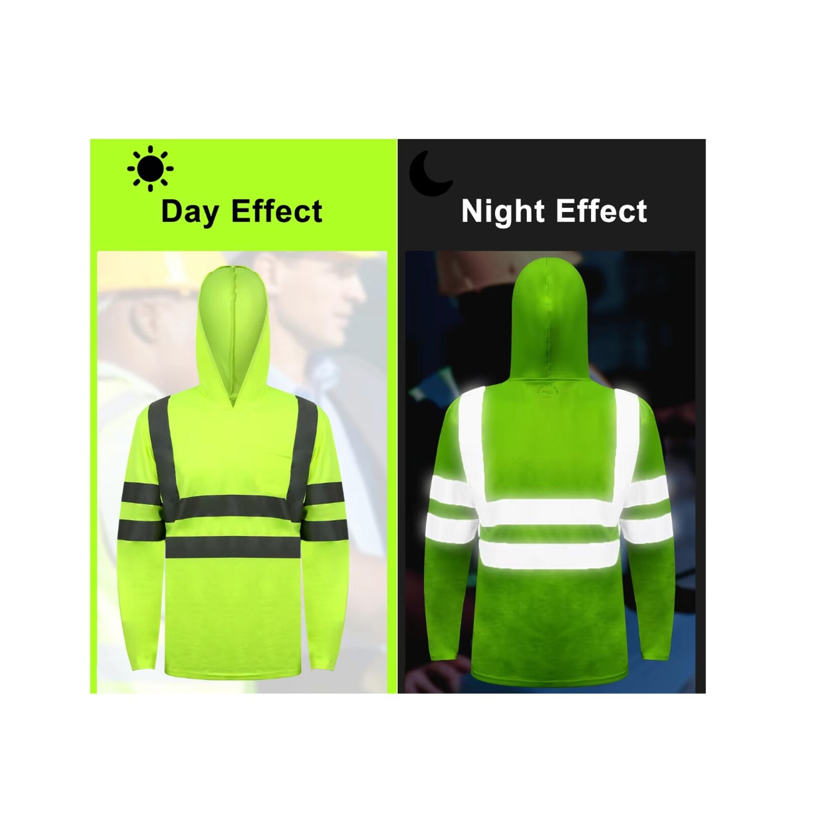 2 PCS Pack Unisex High Visibility Hoodie Reflective Safety Long Sleeve