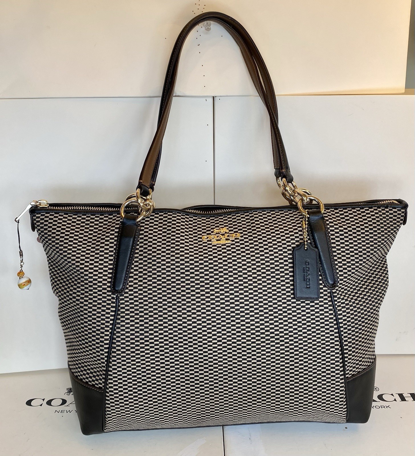 Coach F28467 Ava In Signature Legacy Jacquard/Leather Black/Milk Tote