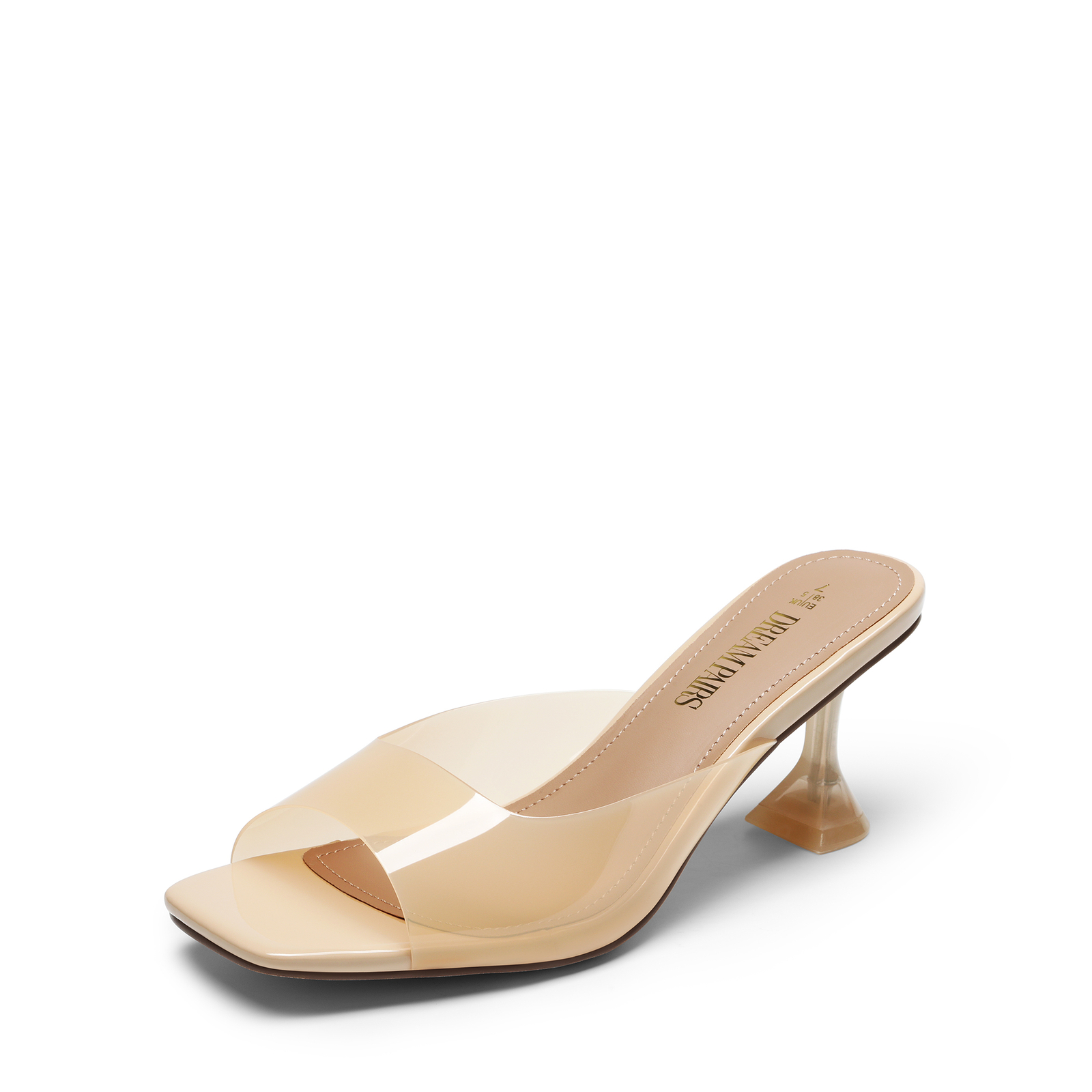 Women Clear Heels Square Toe High Heel Mules Slip on Wedding Dress Heel Sandals