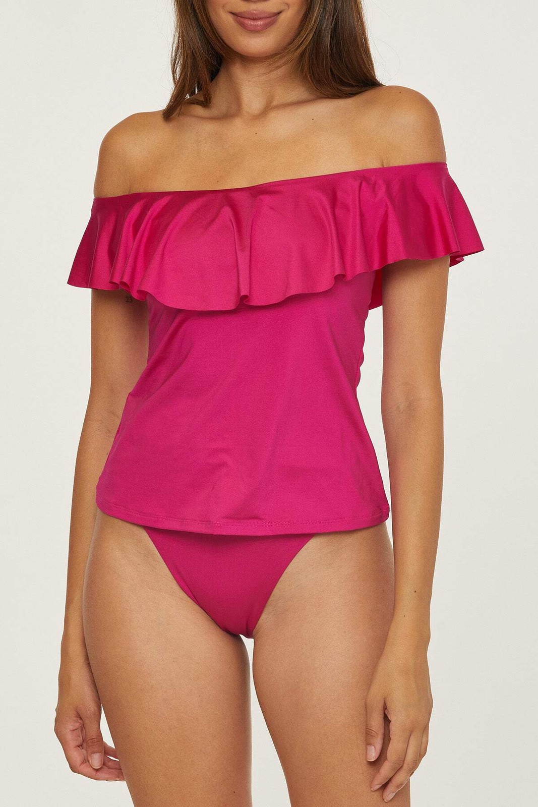 Trina Turk Monaco Ruffle Off Shoulder Tankini Top Womens Swimwear Multi Color