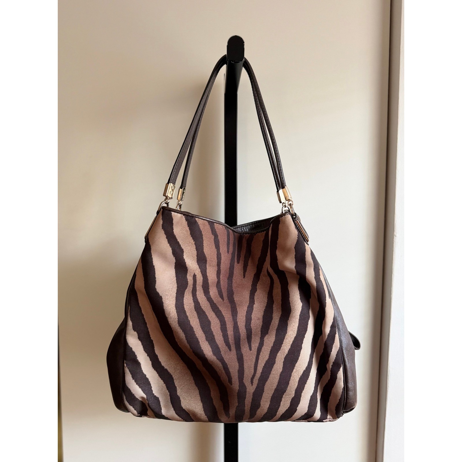 Coach Madison Phoebe Shoulder Bag – Brown/Beige Zebra Print Canvas & Leather