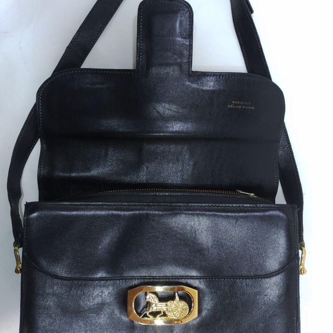 CELINE Shoulder bag Leather Horse carriage hardware Black Vintage From Japan