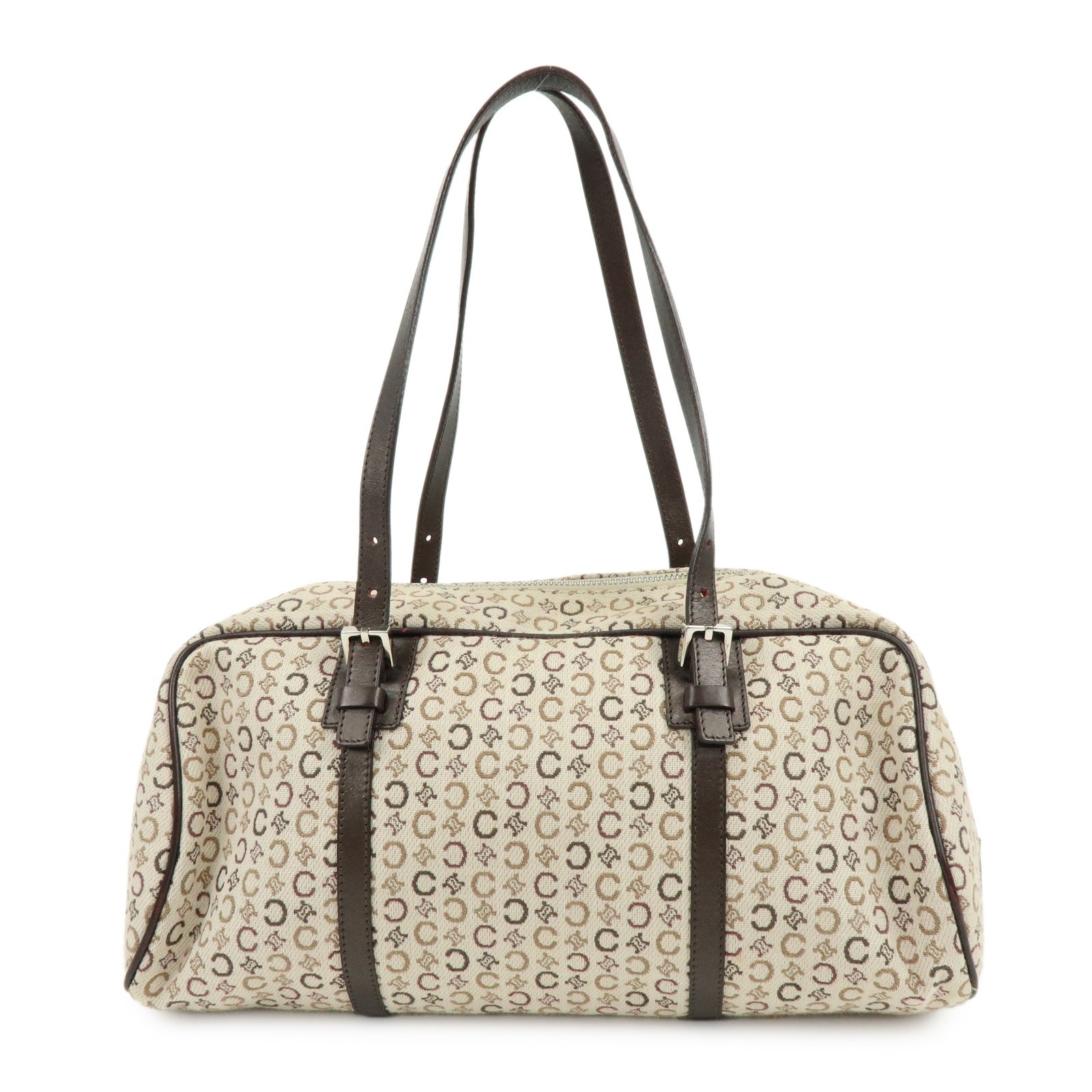 CELINE C Macadam Canvas Leather Hand Bag Boston Bag Beige Brown Auth Used F/S