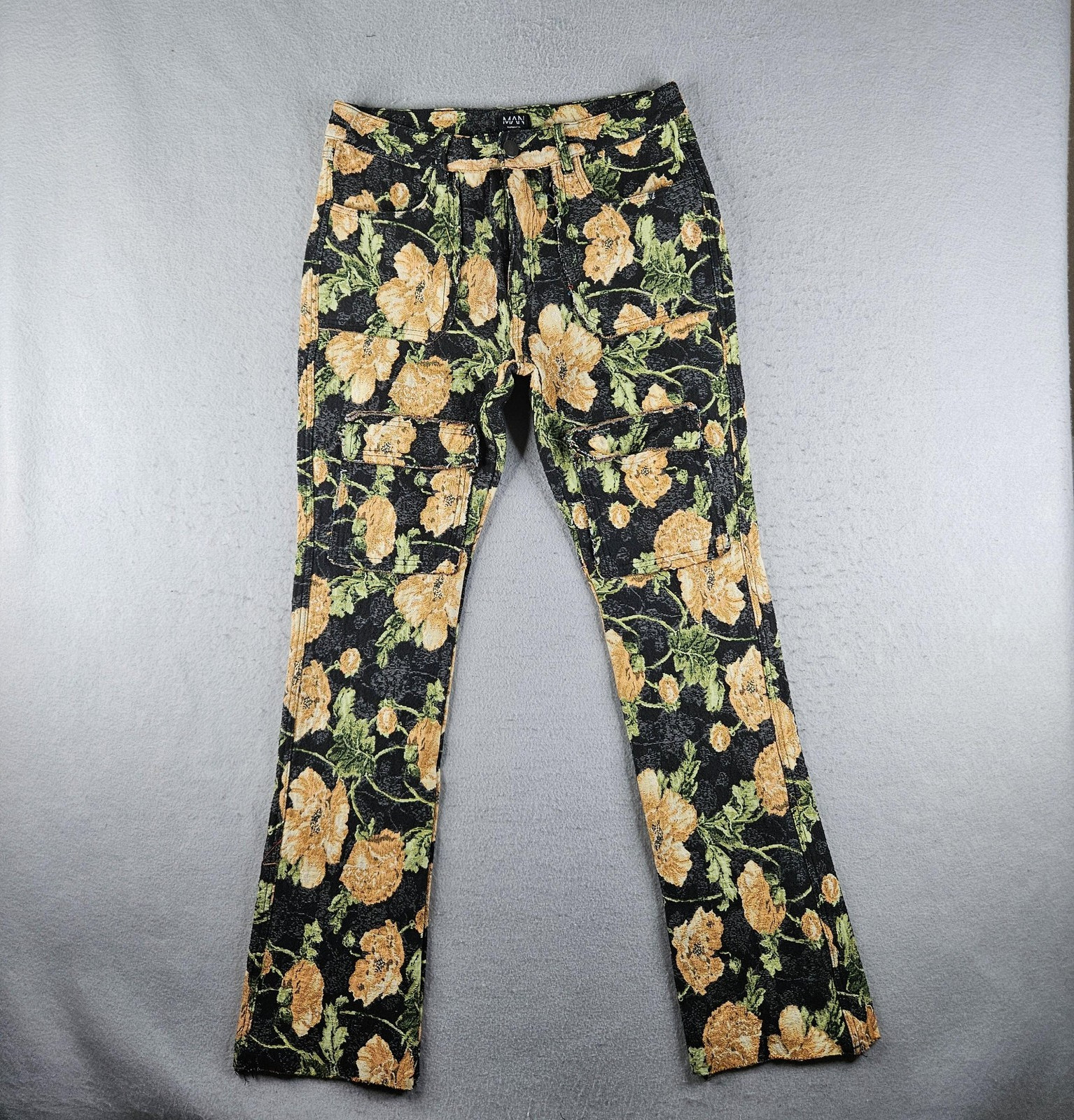 BoohooMAN Cargo Pants Mens 32×32 Multicolor Floral Jacquard Straight Leg Casual