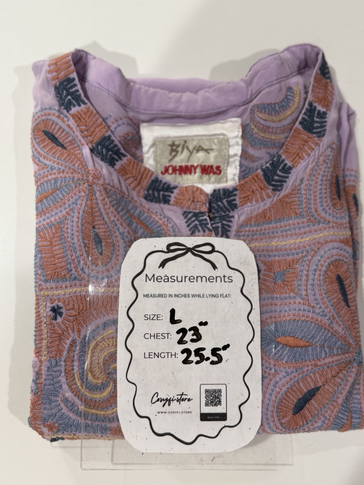 Johnny Was Biya Silk Embroidered Boho Blouse Lavender Purple Floral Henley L