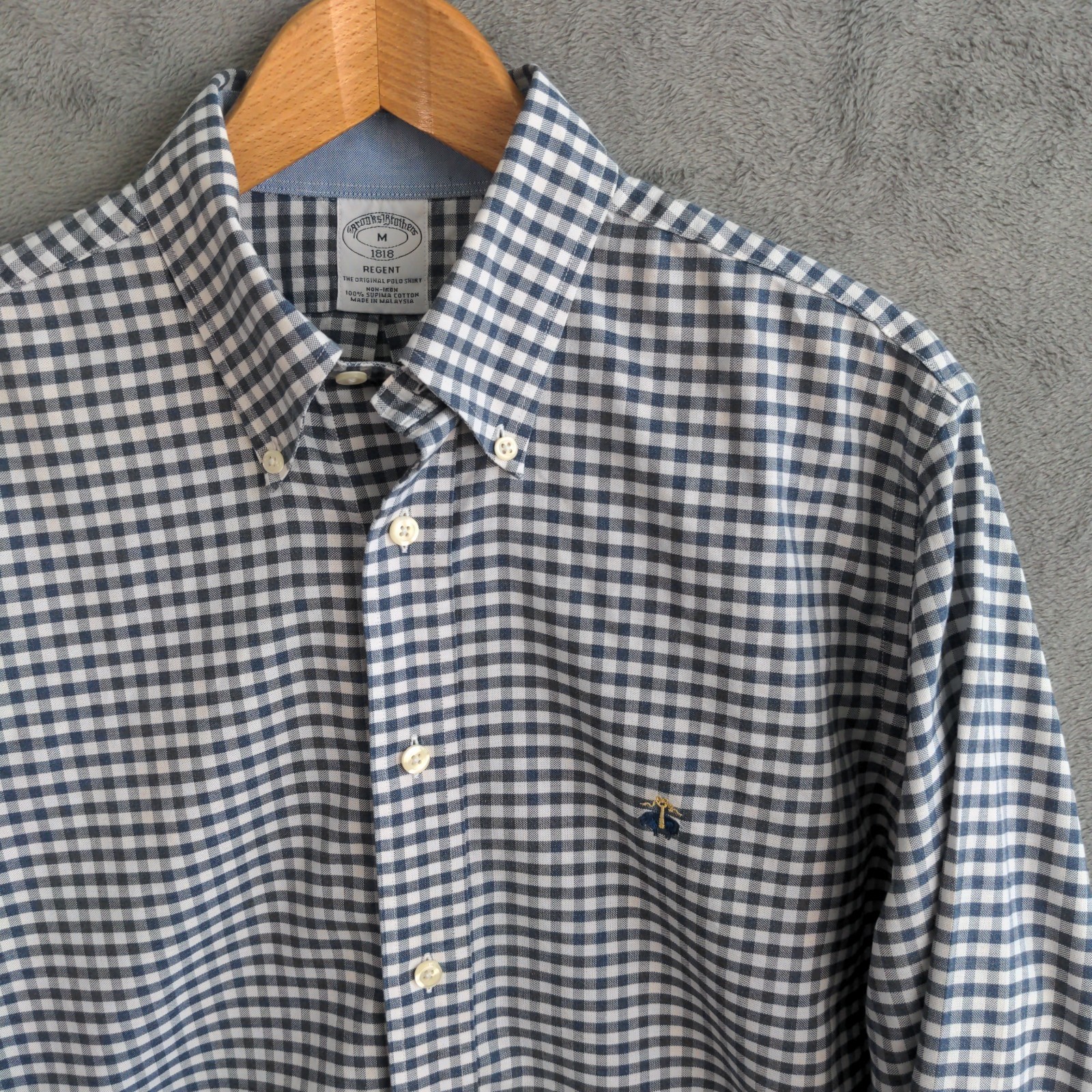 Brooks Brothers Regent Shirt Button Down Mens M Blue Check Supima Cotton Logo