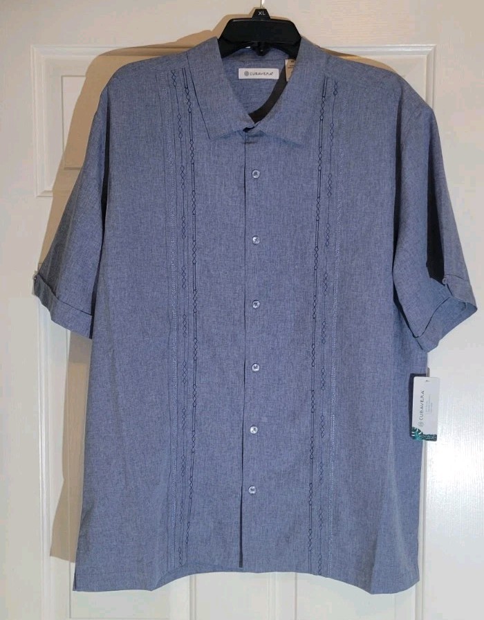 Cubavera Men’s Soft Touch Embroidered Button Down Shirt Dress Blues Size L NWT