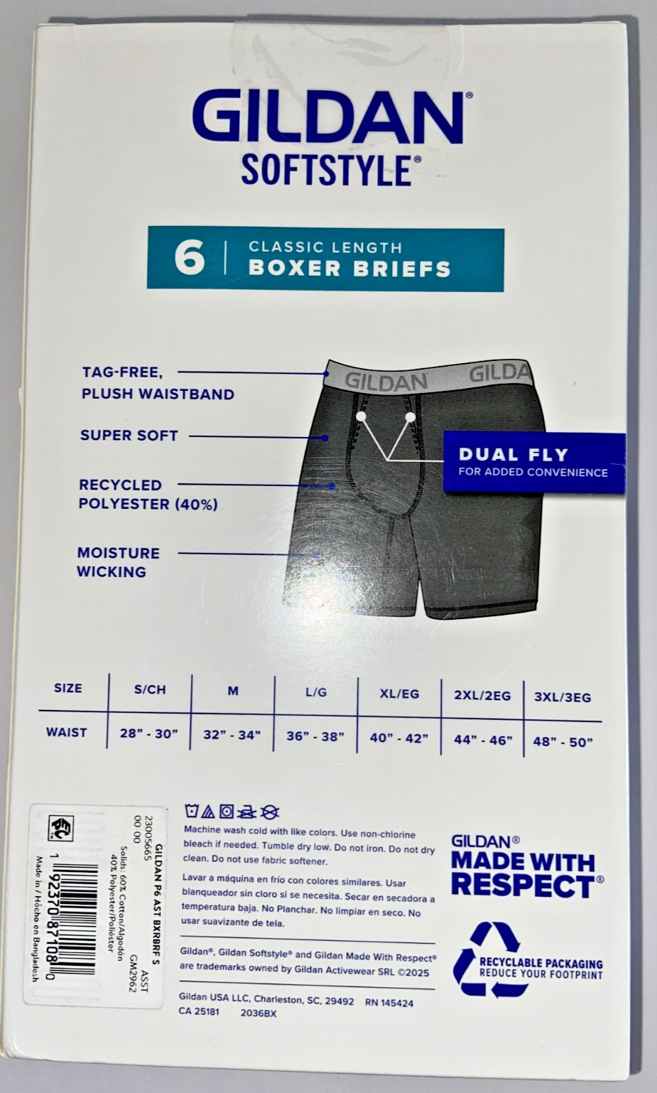 Gildan Softstyle Boxer Briefs 6 Pack Men’s S Small Moisture Wicking Dual Fly NEW