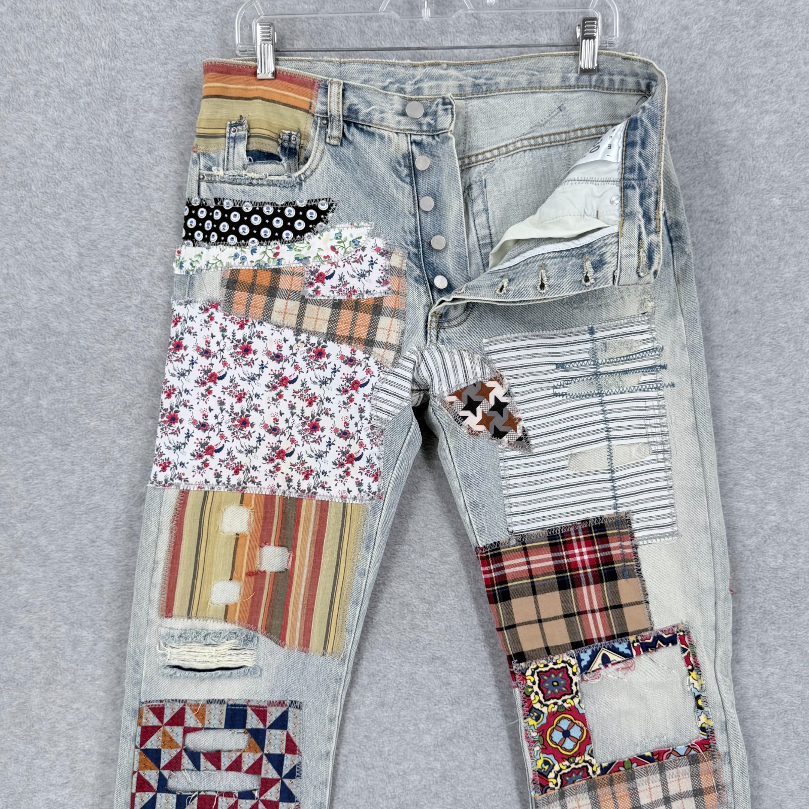 MNML V291 Jeans Patchwork Mens 30 Button Fly Y2K Denim Texture Pattern Pants