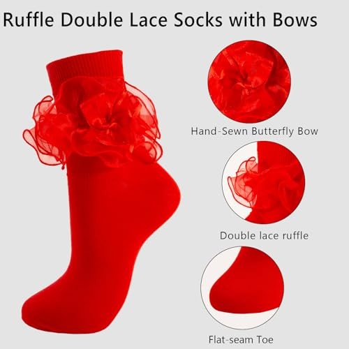 Women Big Ruffle Ankle Socks Double Lace 9-11 3 Pairs – White, Red, Black