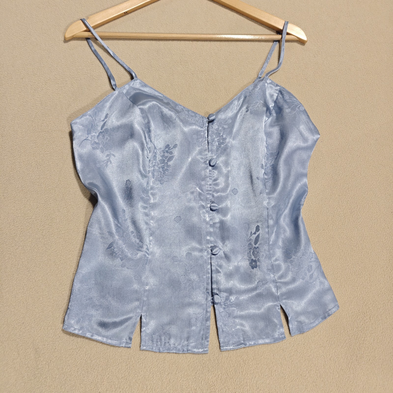 Vintage 90s Valerie Stevens Ice Blue Satin Floral Button Cami Size S Coquette