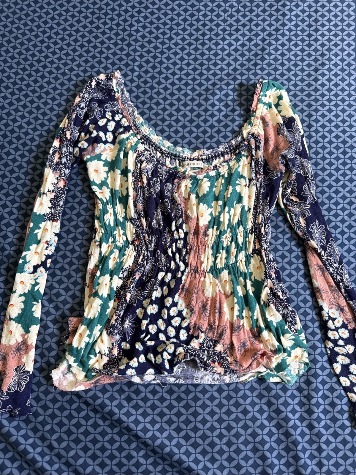 Urban Outfitters W Festival Boho Floral Patchwork Smocked Top Off Shoulder S