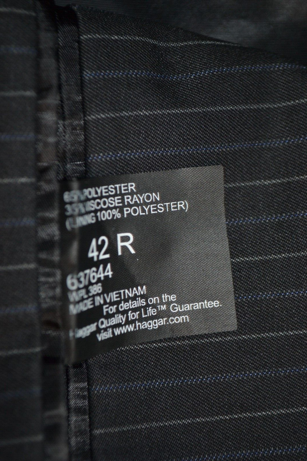 Haggar Men Black Pinstripe Daul Vented 3 Front Button Suit Sz 42R Wst 36×28