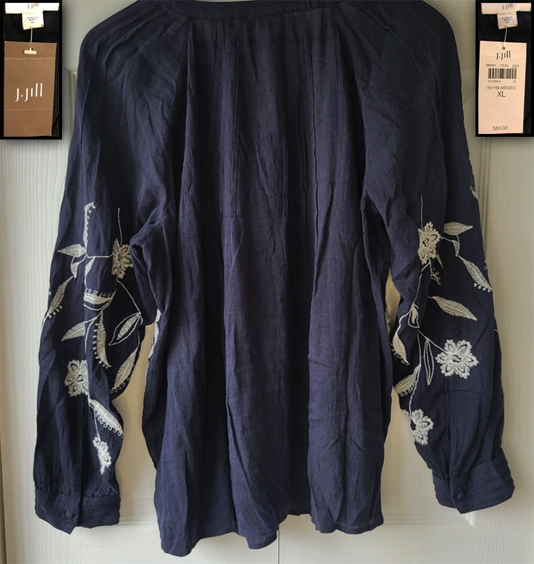 NWT! J JILL NAVY BLUE EMBROIDERED WHITE FLORAL PLEAT PINTUCK SHIRT TUNIC TOP XL