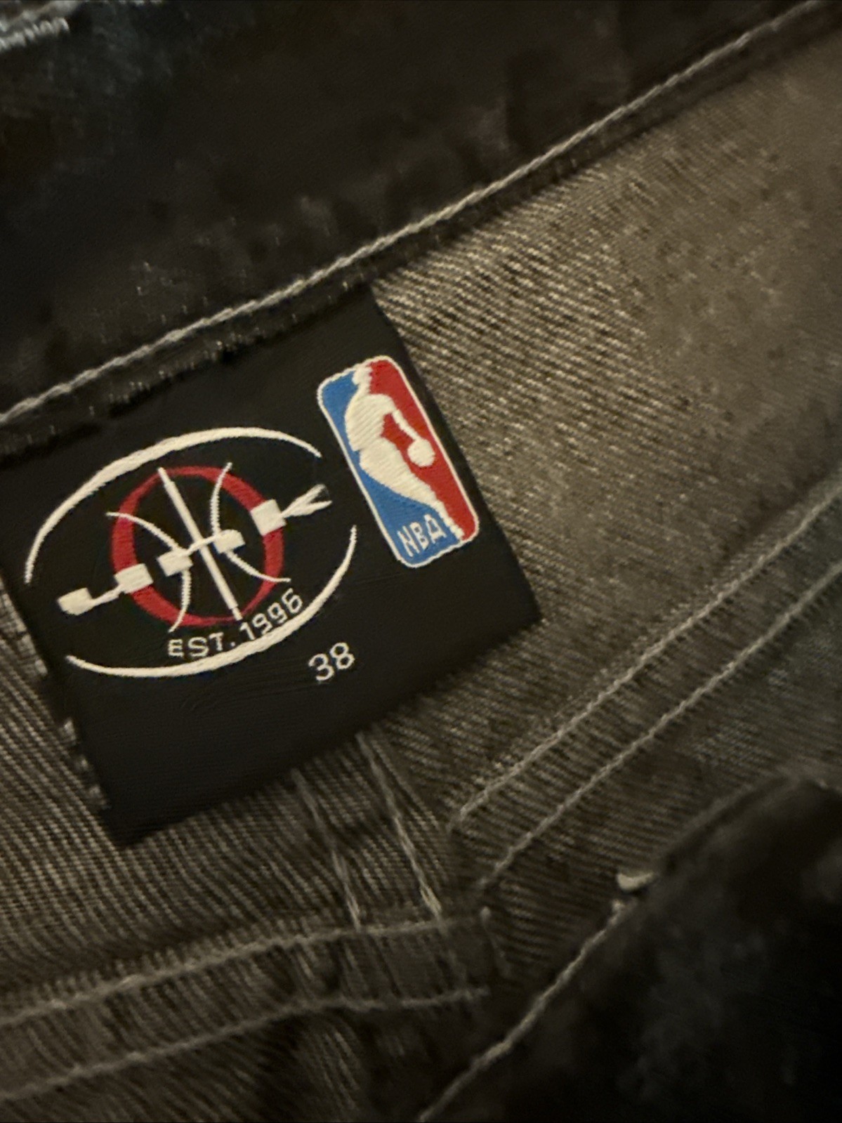 UNK NBA Denim Jeans 38 Grey / Black All Over Patch Y2K Baggy Straight Leg