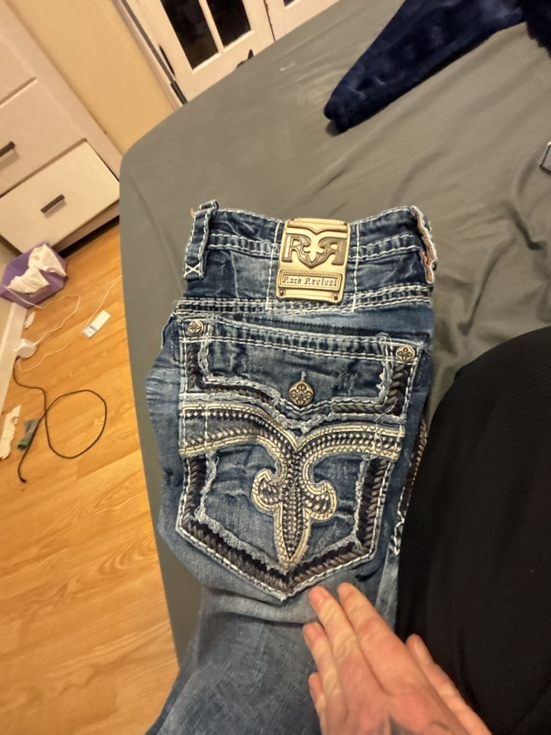 Rock Revival Tamas Slim Straight Distressed Thick Stitch Jeans