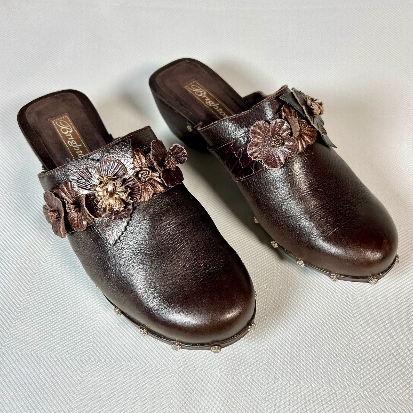 Brighton Dutch Clogs US 8.5 EU 39 Leather Mules Studded 3D Flower Brown READ