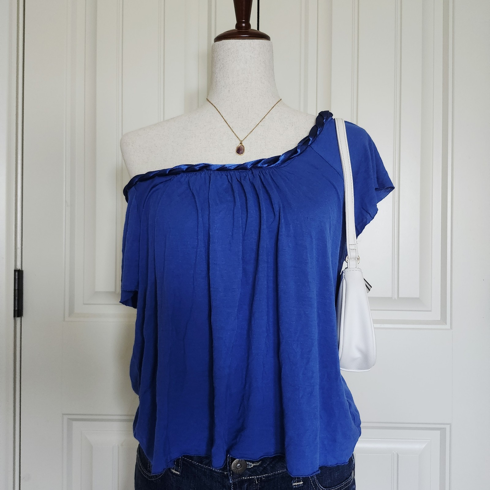 matty m Women’s Blue Solid Braided Scoop Neck Cap Sleeve Pullover Top Size M/L