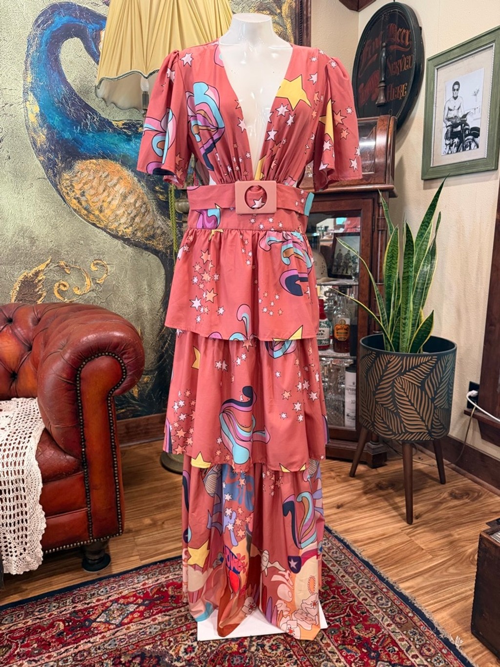 STYLEBYGG Retro Psychedelic Maxi Dress Cutout Tiered Boho Festival Pink Multi Sz