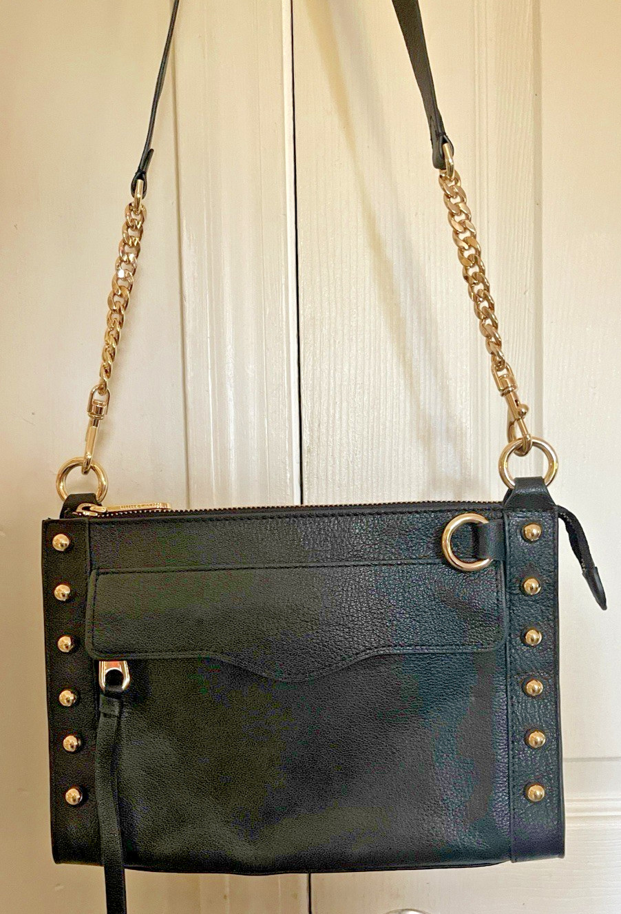 Rebecca Minkoff Women’s M.A.B. Crossbody Gold Studs Pebbled Black Leather Purse
