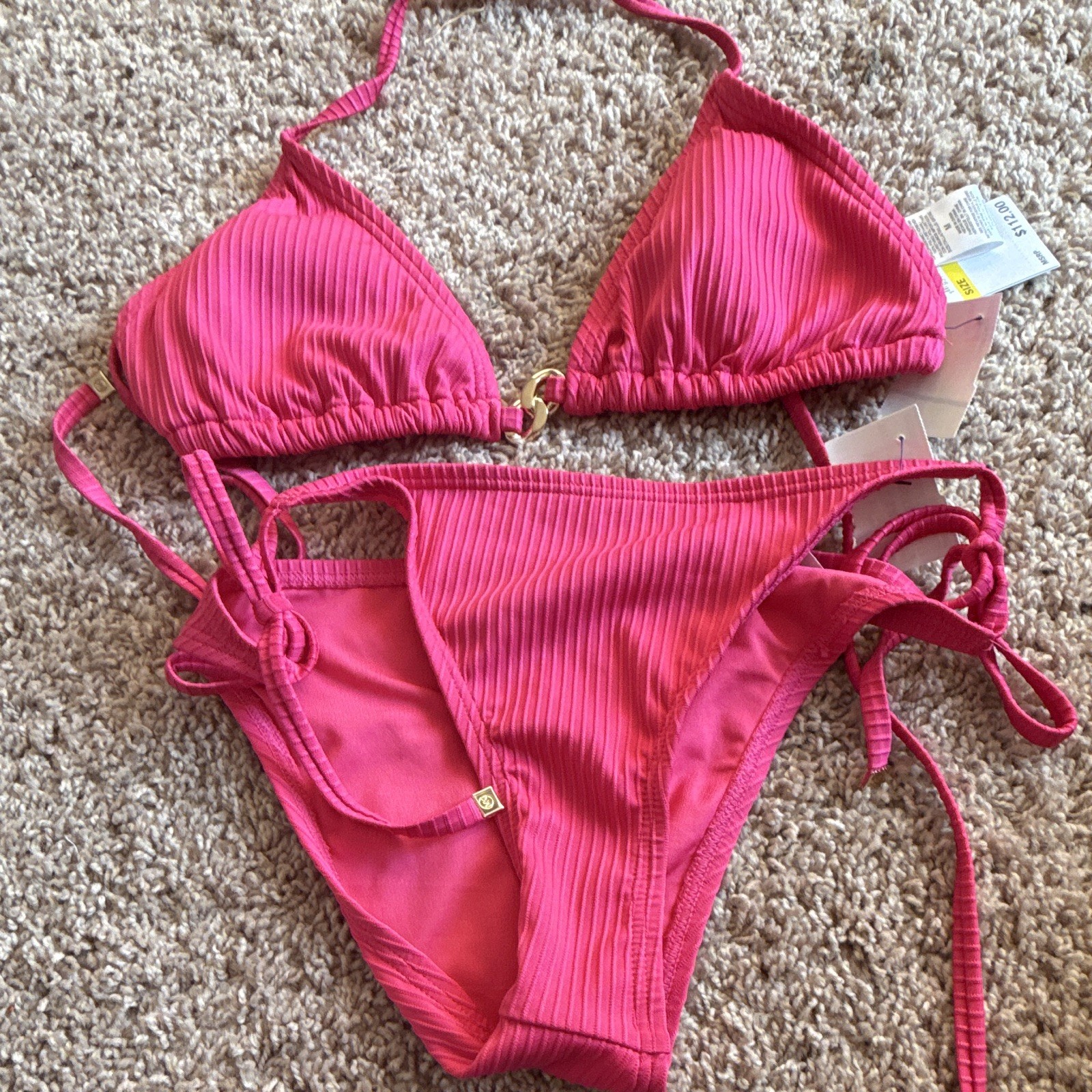 Women’s Pink Ribbed Triangle Halter Bikini 2-Piece Tie-Side Bottoms Size S