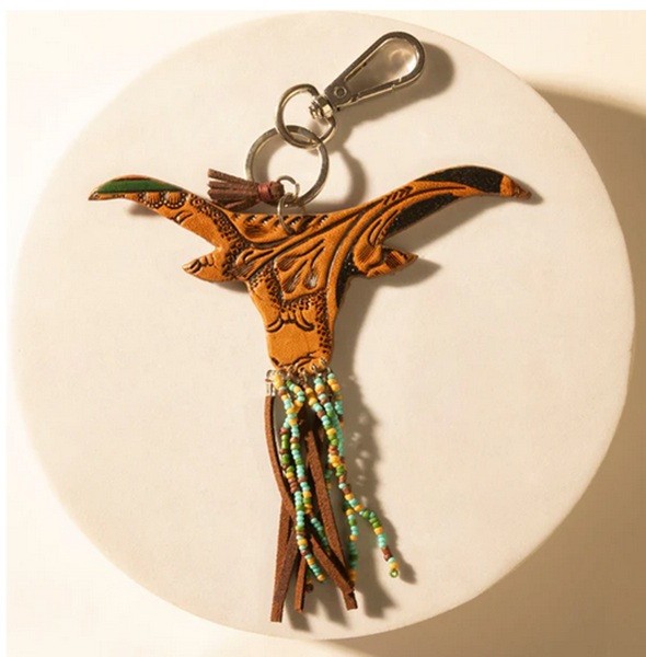 Myra Bag #14506 Longhorn Bull Key Fob 5″x2.5″ Hand Tooled, Painted Leather,Beads