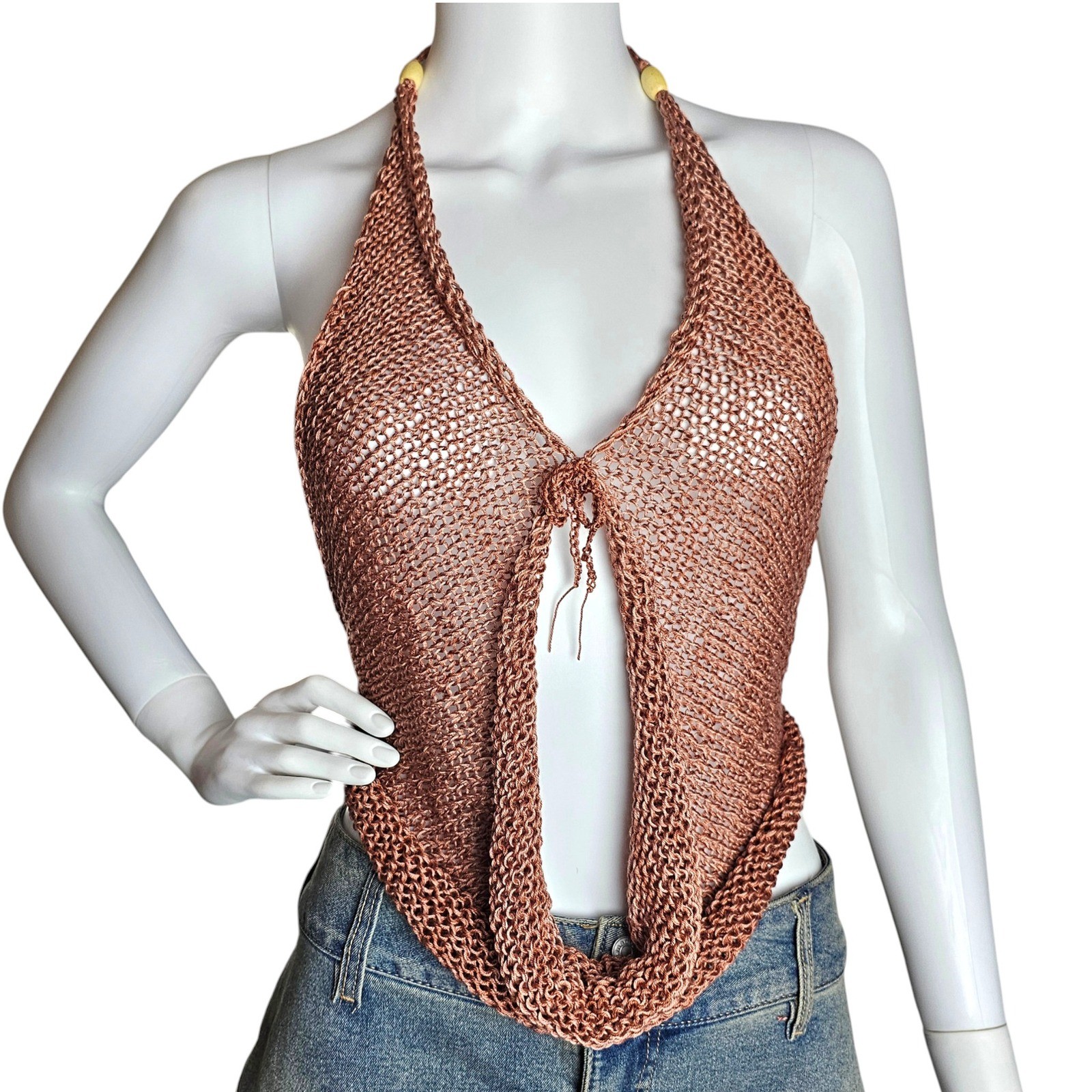 Handmade Knit Halter Top Copper, Bead Accent, Boho Festival Wear