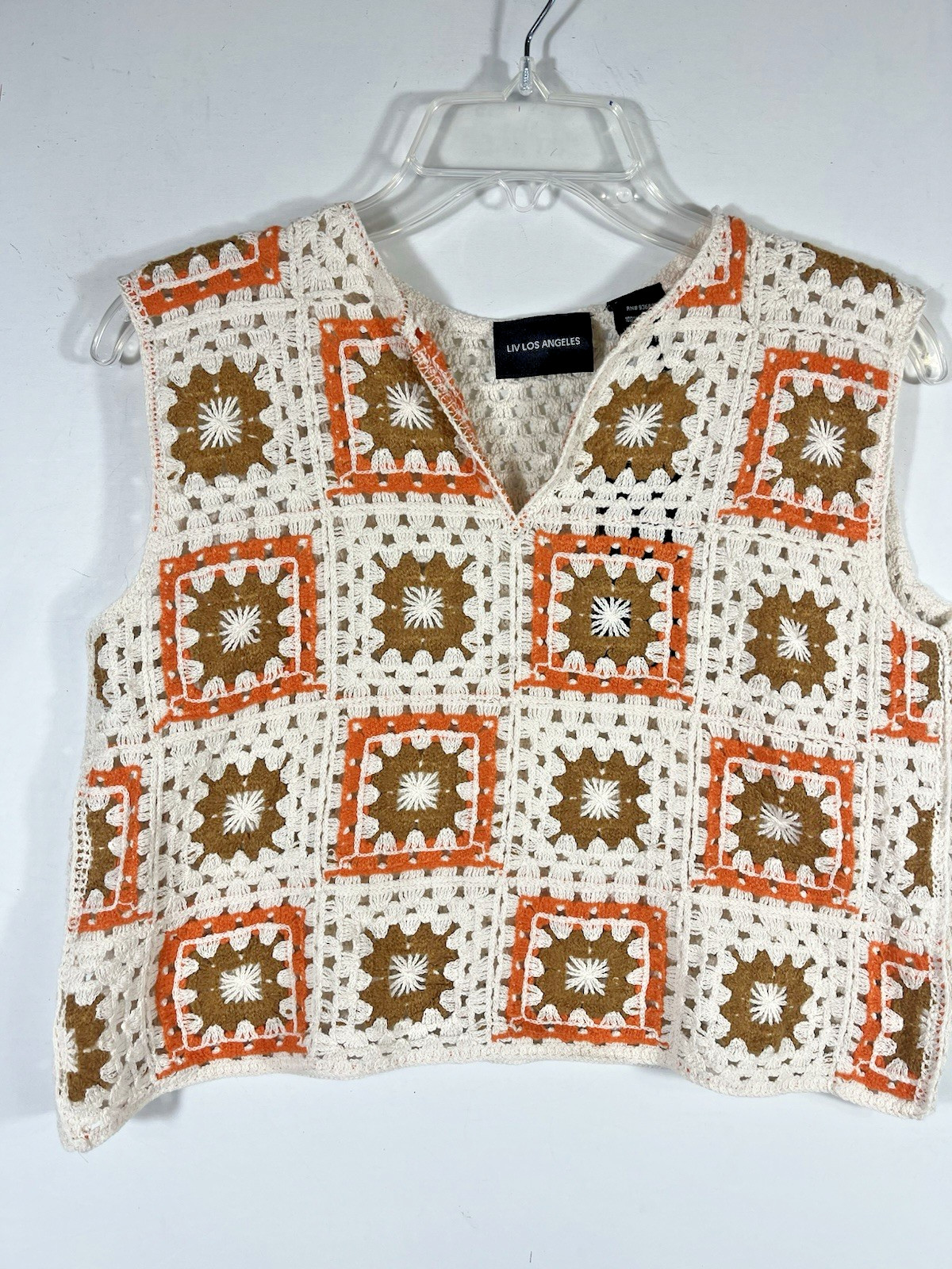 Liv Los Angeles Granny Square Crochet Afghan Crop Top Large Festival Boho NEW