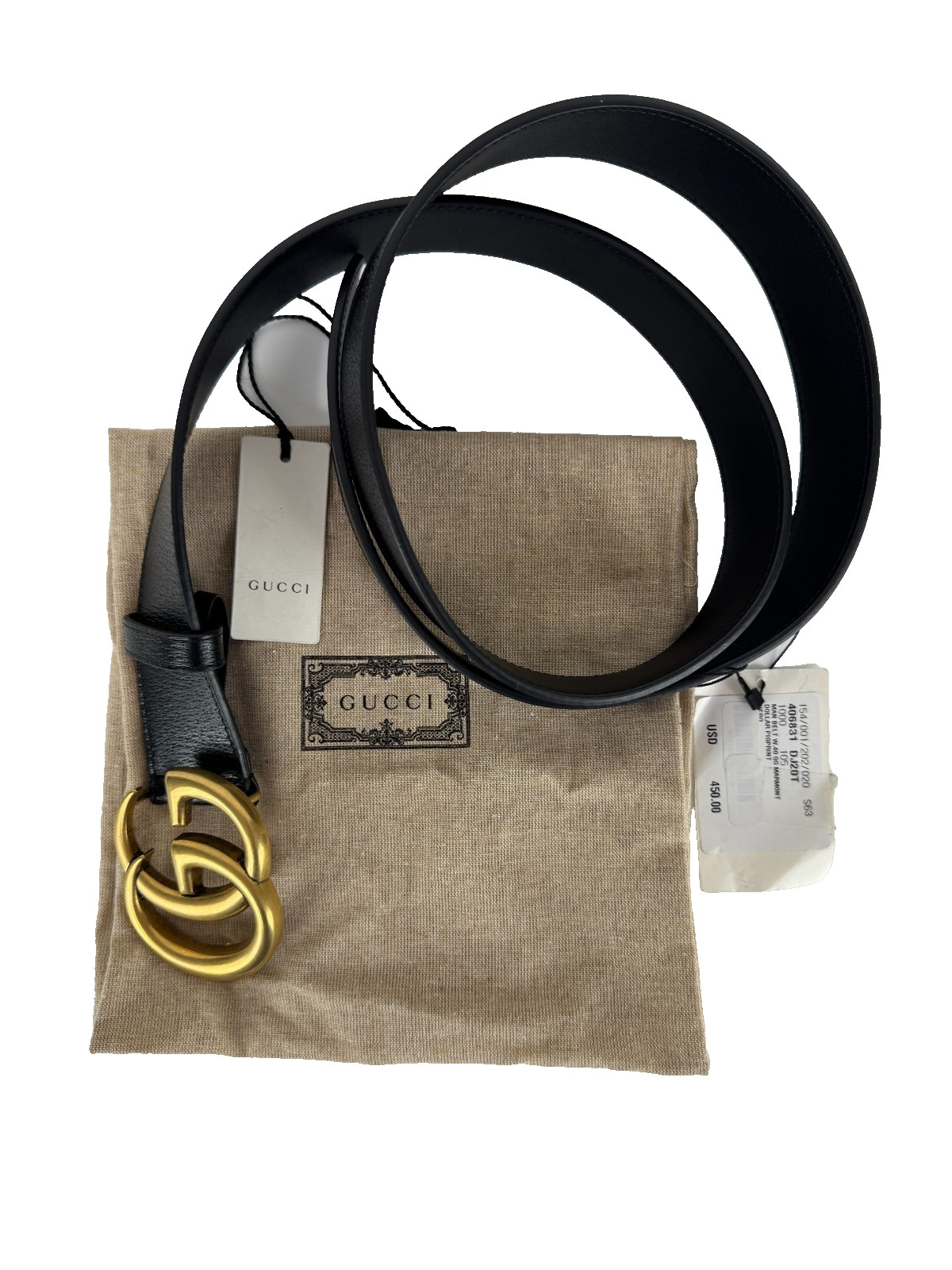 Gucci New Auth 105 cm 42 in Black Leather Gold GG Marmont Belt Dust Bag