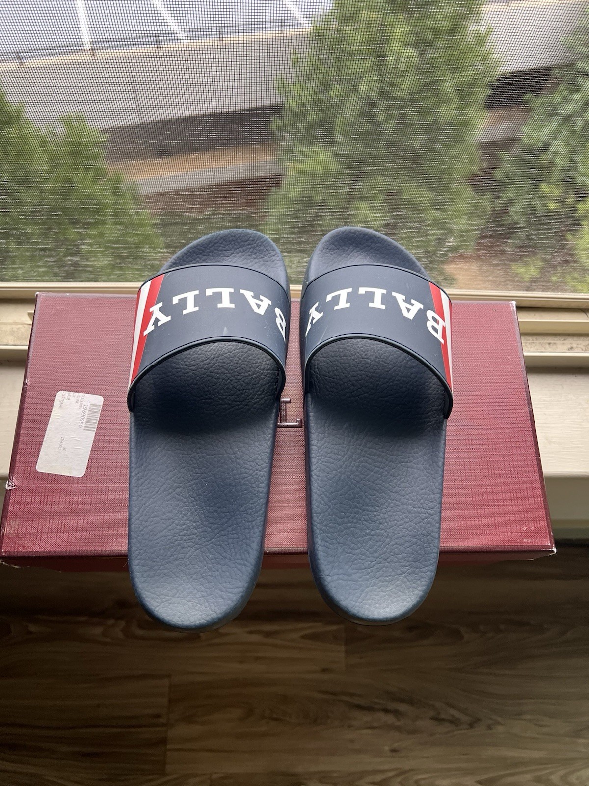 NIB BALLY SIMON BLUE INK RUBBER RED WHITE WEB LOGO SANDALS POOL SLIDES 9 D ITALY