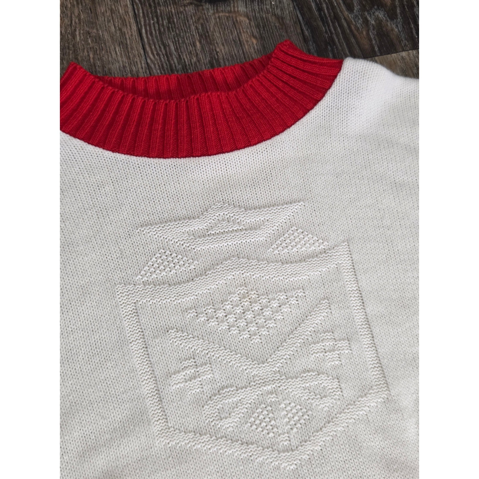 Vintage Red White Striped Mock Neck Knit Sweater Textured Crest Nautical Retro