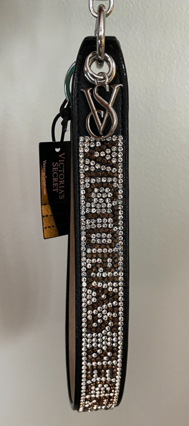 VICTORIA’S SECRET Slim Rhinestone Shine Sparkle Wristlet Keychain in Black Logo