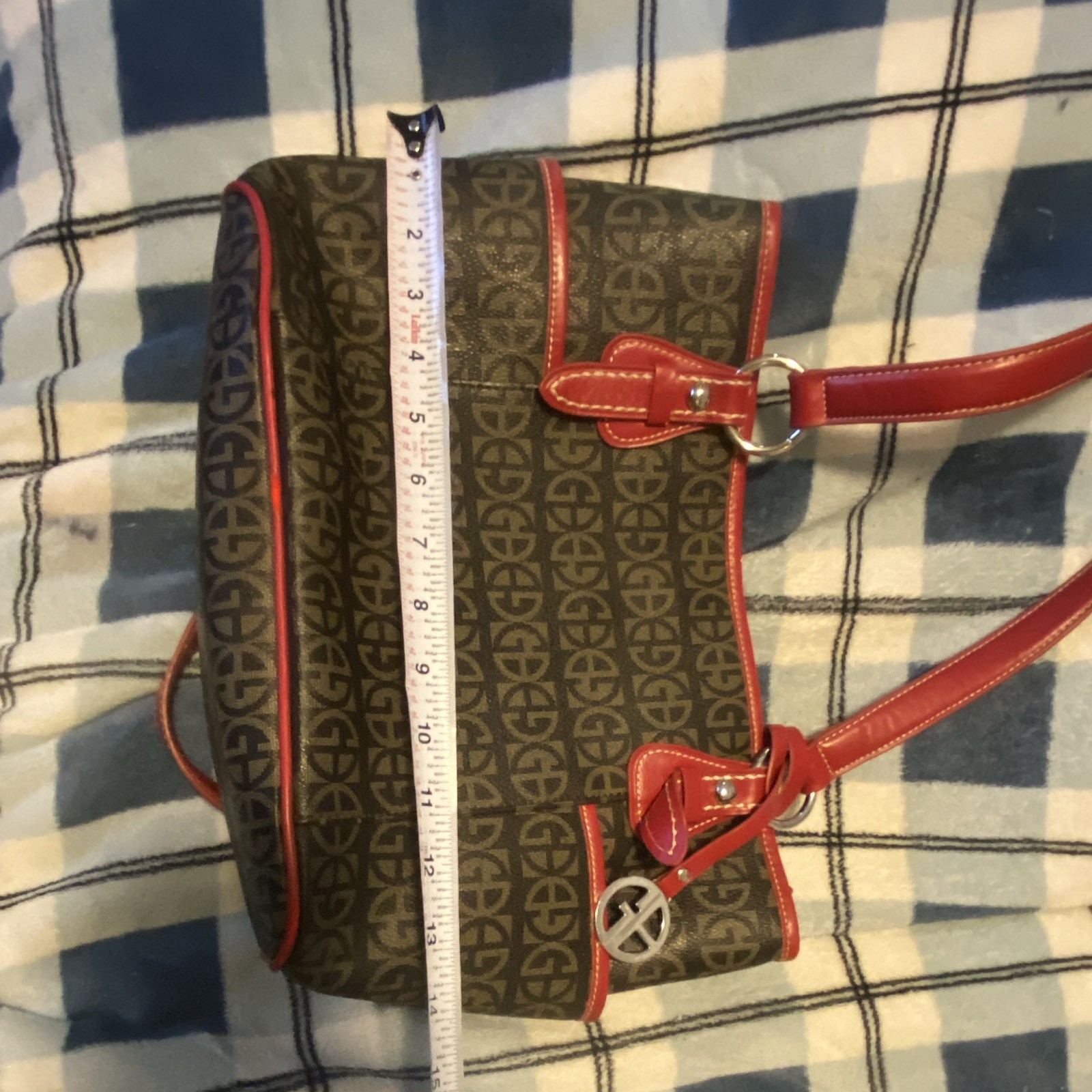 Giani Bernini Brown Logo Shoulder Bag Red Trim Zip Double Handles Silver