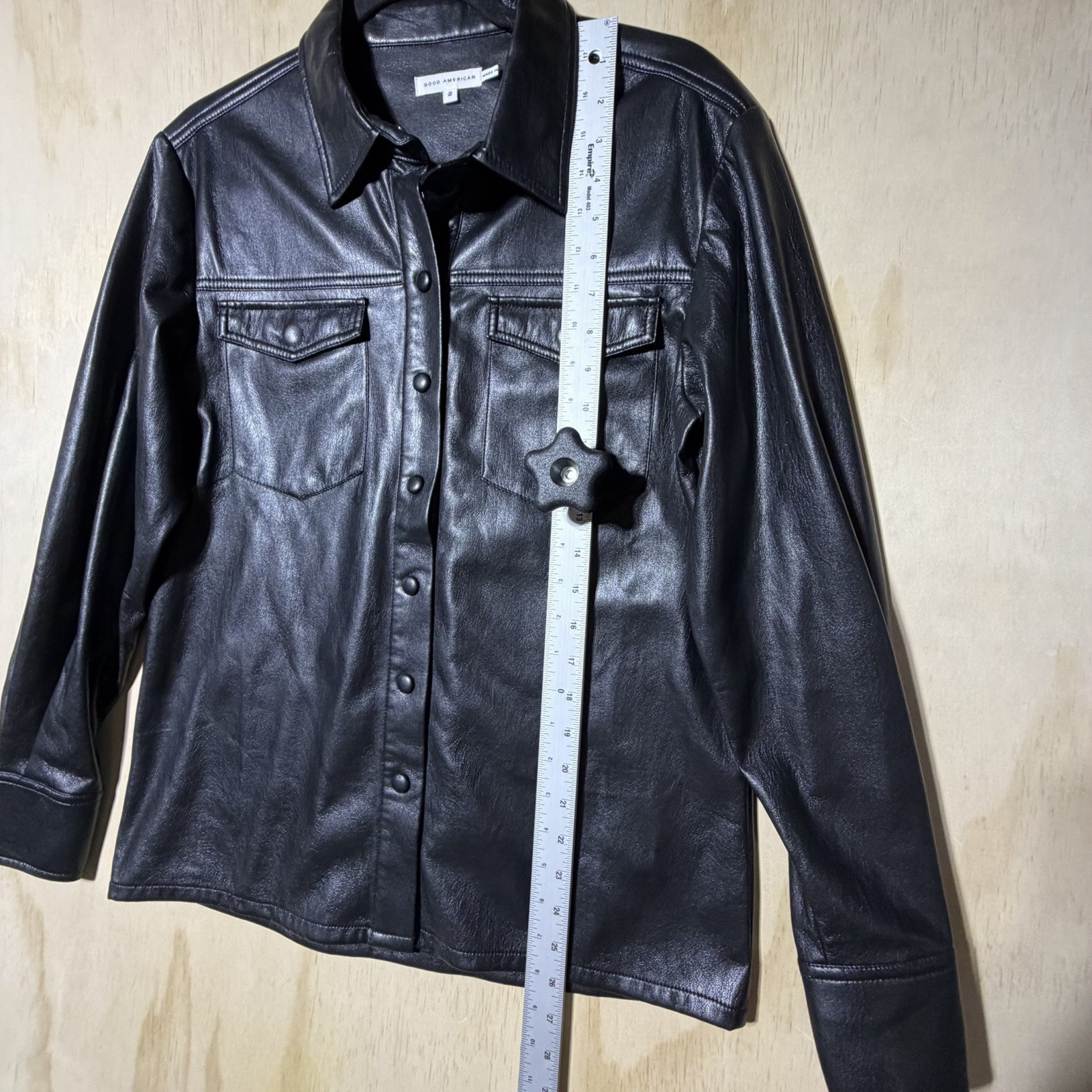 Good American Faux Leather Shirt Jacket Black Snap Button Women Sz 2