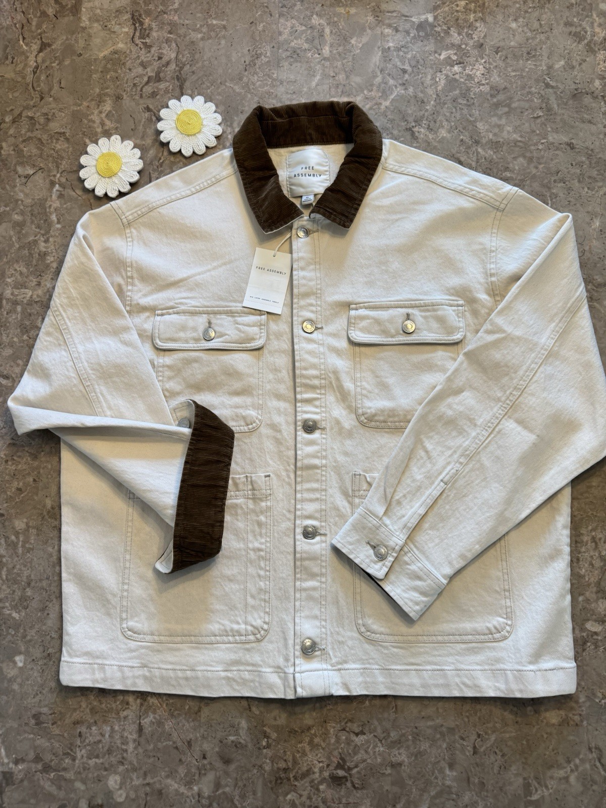 Free Assembly Men’s Canvas Barn Jacket Corduroy Collar Chore Coat Cream XL NWT