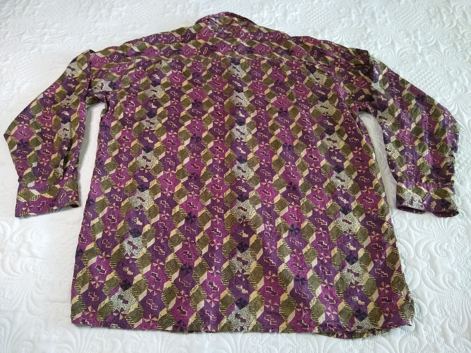 Expressions Worldwide 100% Silk Shirt Mens XL Purple Brown Geometric Vtg 90s EUC