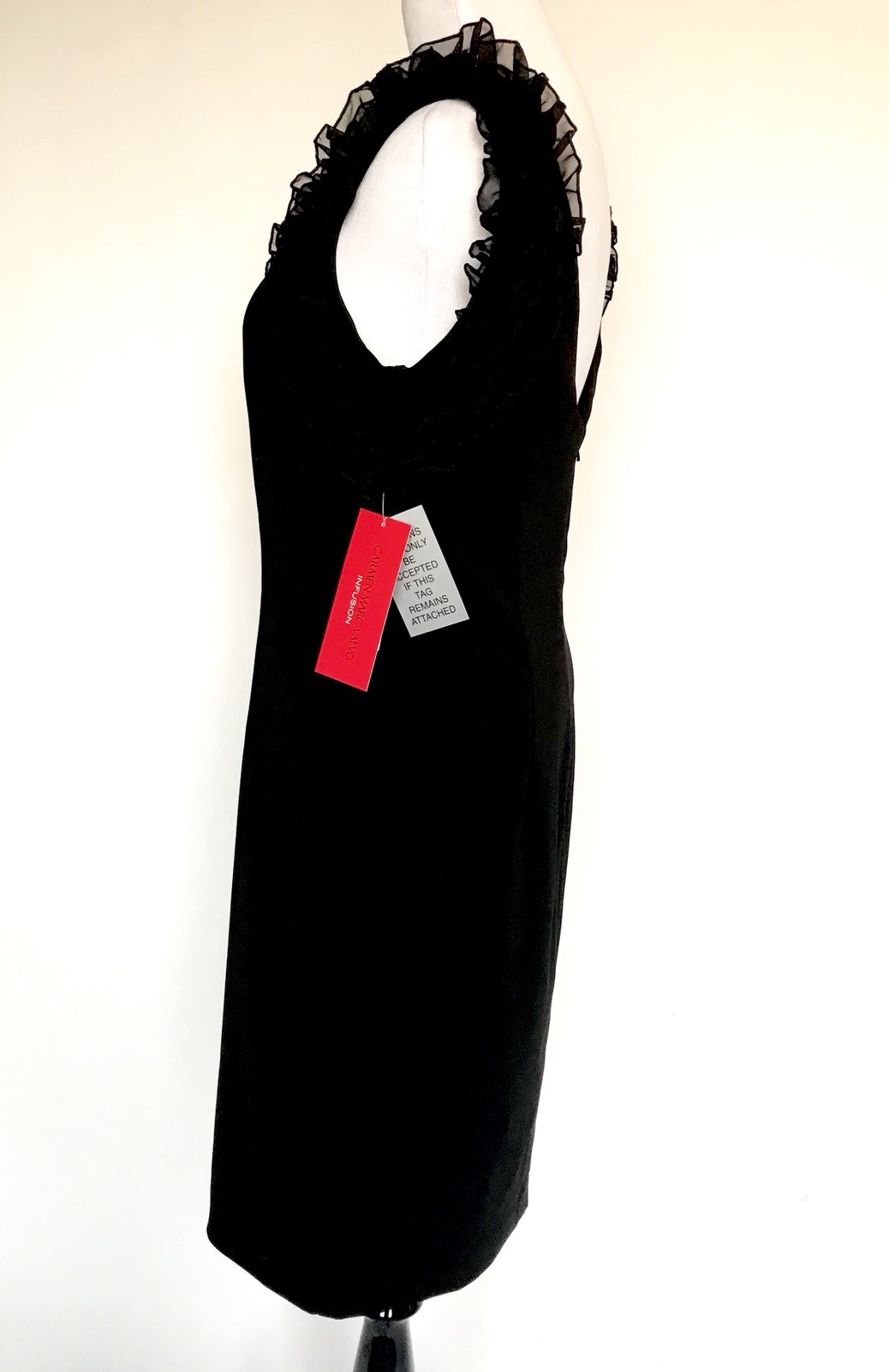 Carmen Marc Valvo Sz 8 Sheath Dress Black Ruffle Arms Retail $325 Price $148 NWT