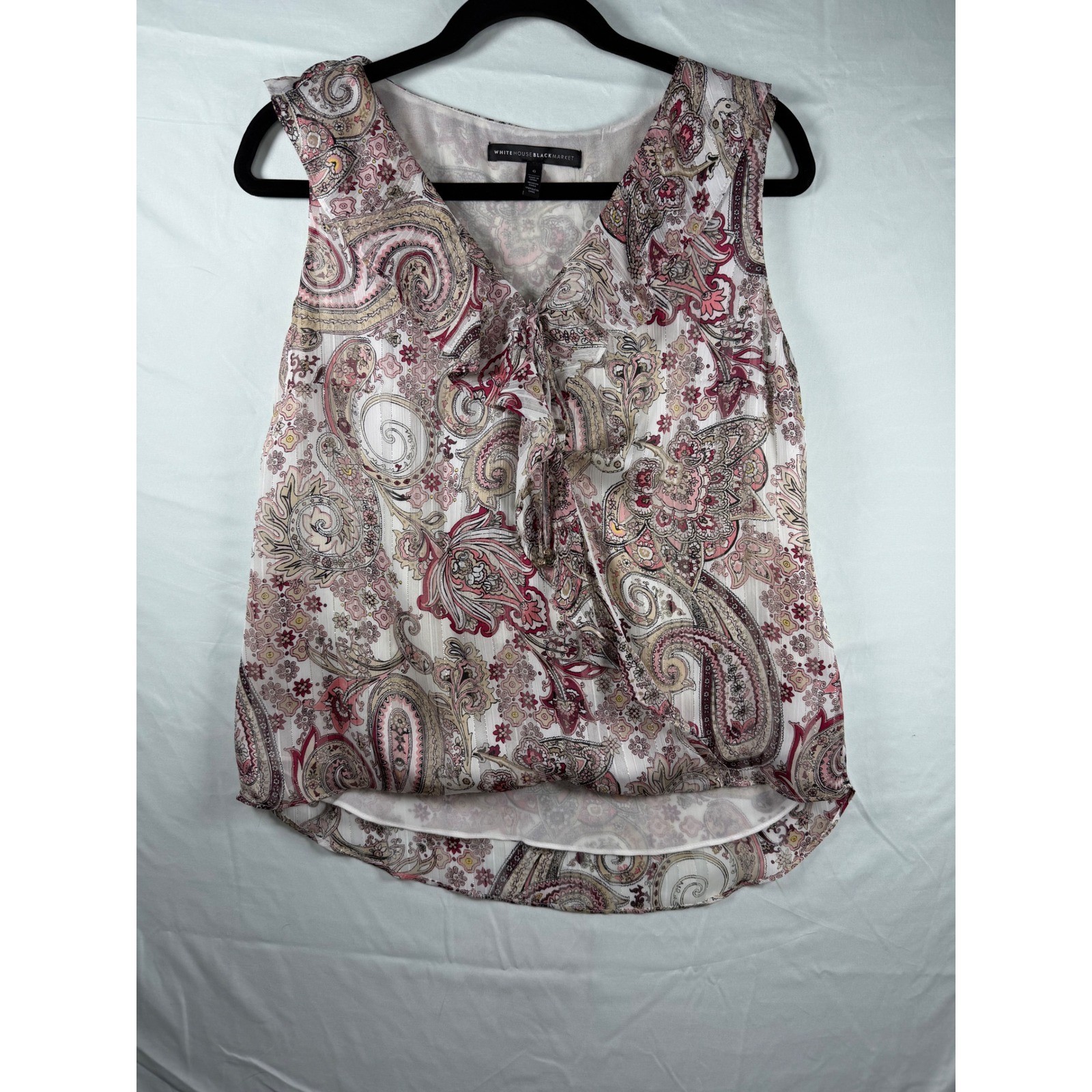 White House Black Market Paisley Ruffle V-Neck Sleeveless Blouse Pink Metallic 6