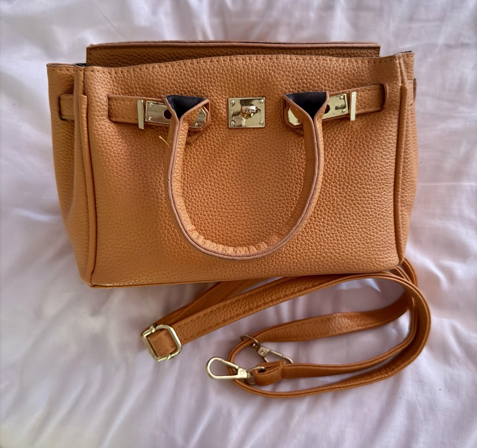 Women’s Tan Satchel Top Handle Bag Turn Lock, Detachable Adjustable Strap