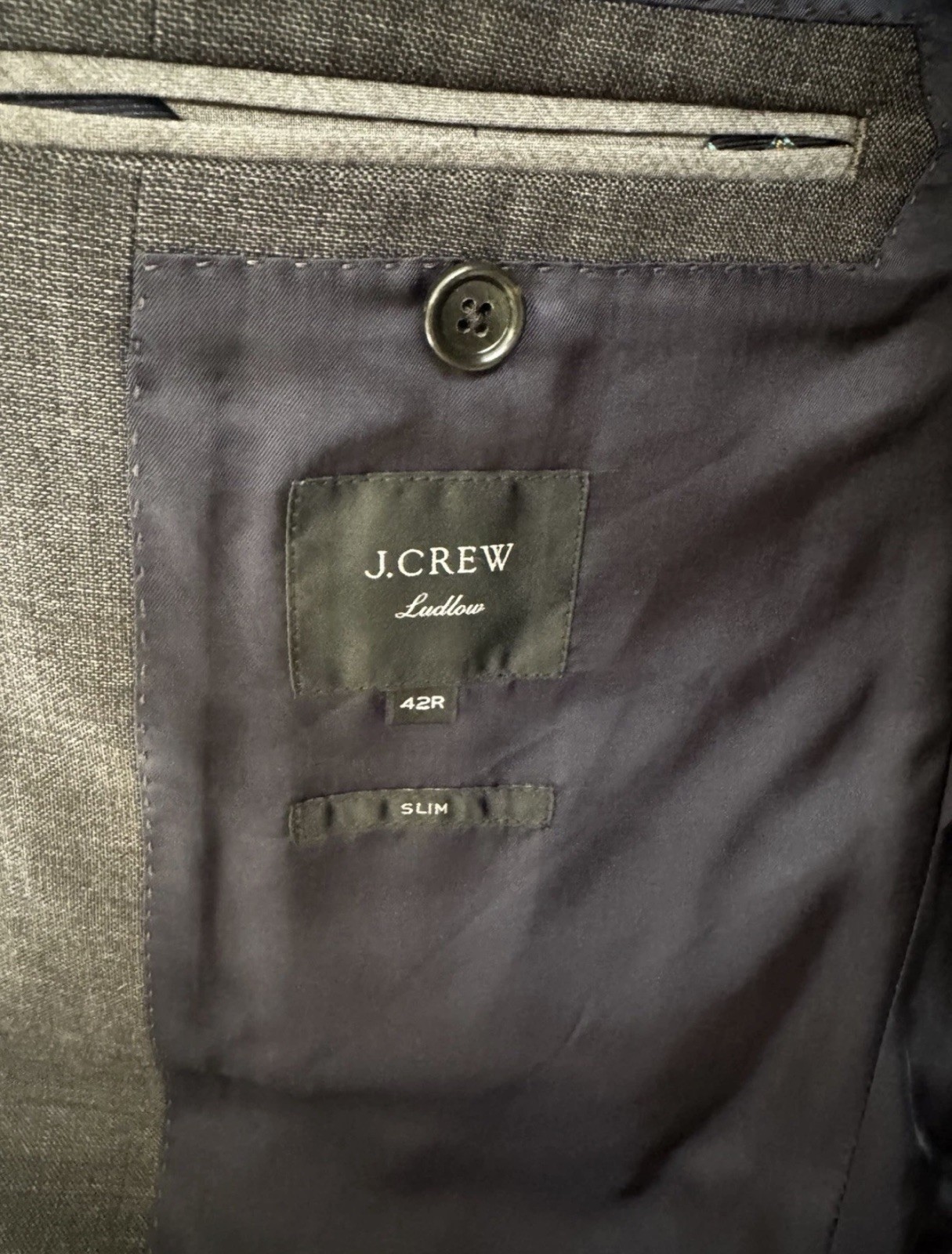 J.CREW Charcoal Italian Stretch Worsted Wool Ludlow Suit Men’s 42R, pants 34×30