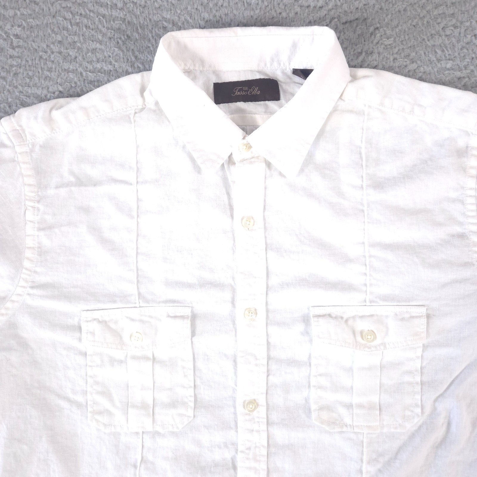 Tasso Elba Shirt Men Large White Linen Button Up Roll Tab Sleeve Casual Office