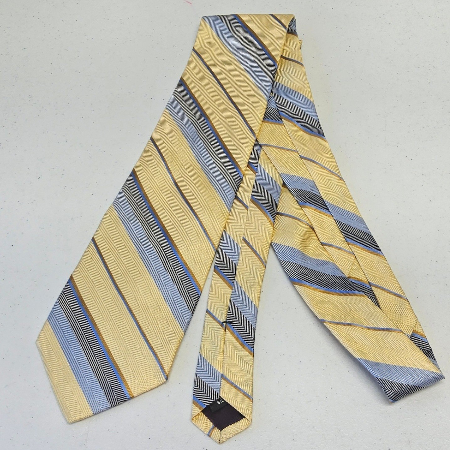 Corporate Image Tom James Necktie Mens Yellow Blue Striped Silk Herringbone