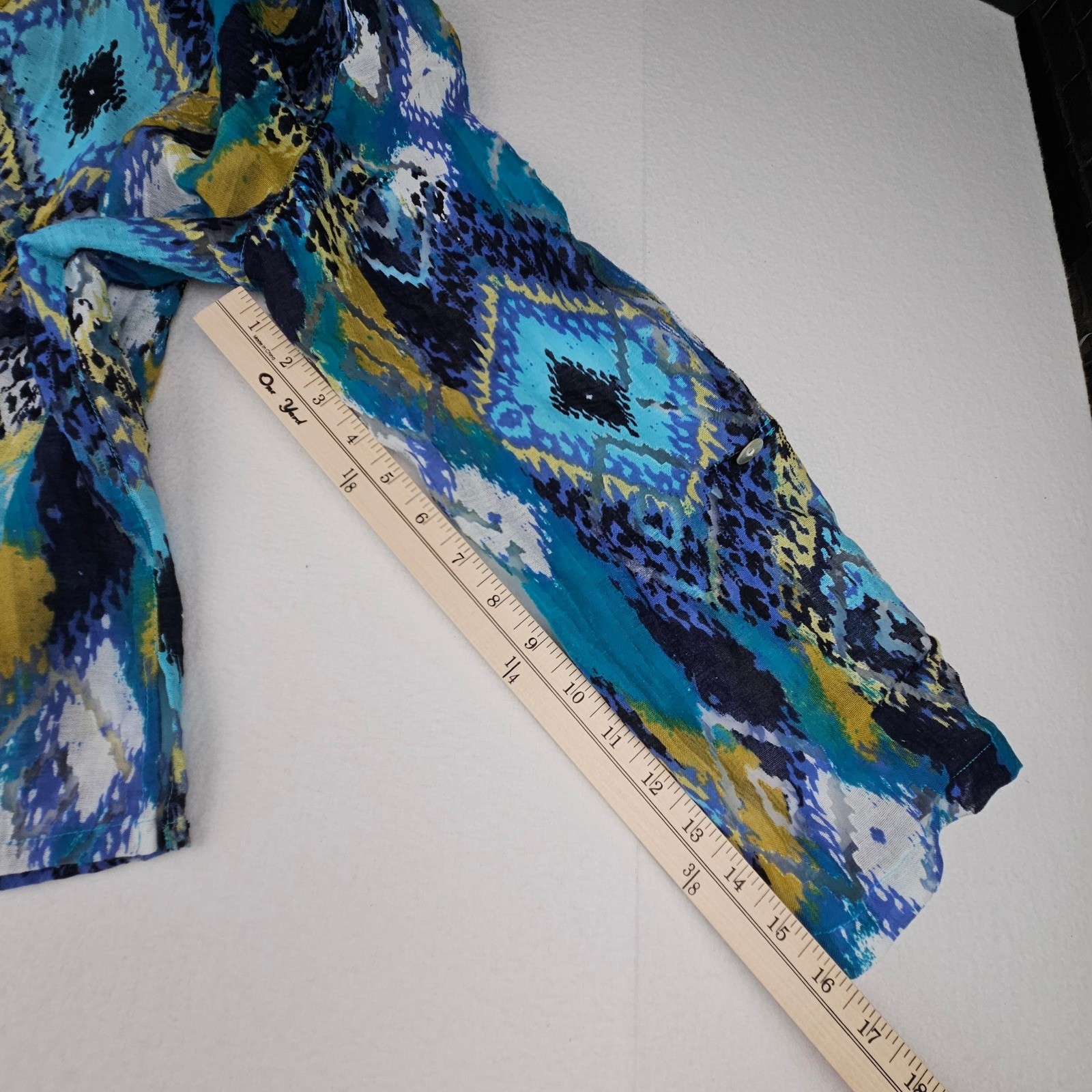Ruby Rd Favorites Womens 12 Blue Yellow Ikat Geometric Boho Artsy Blouse Top