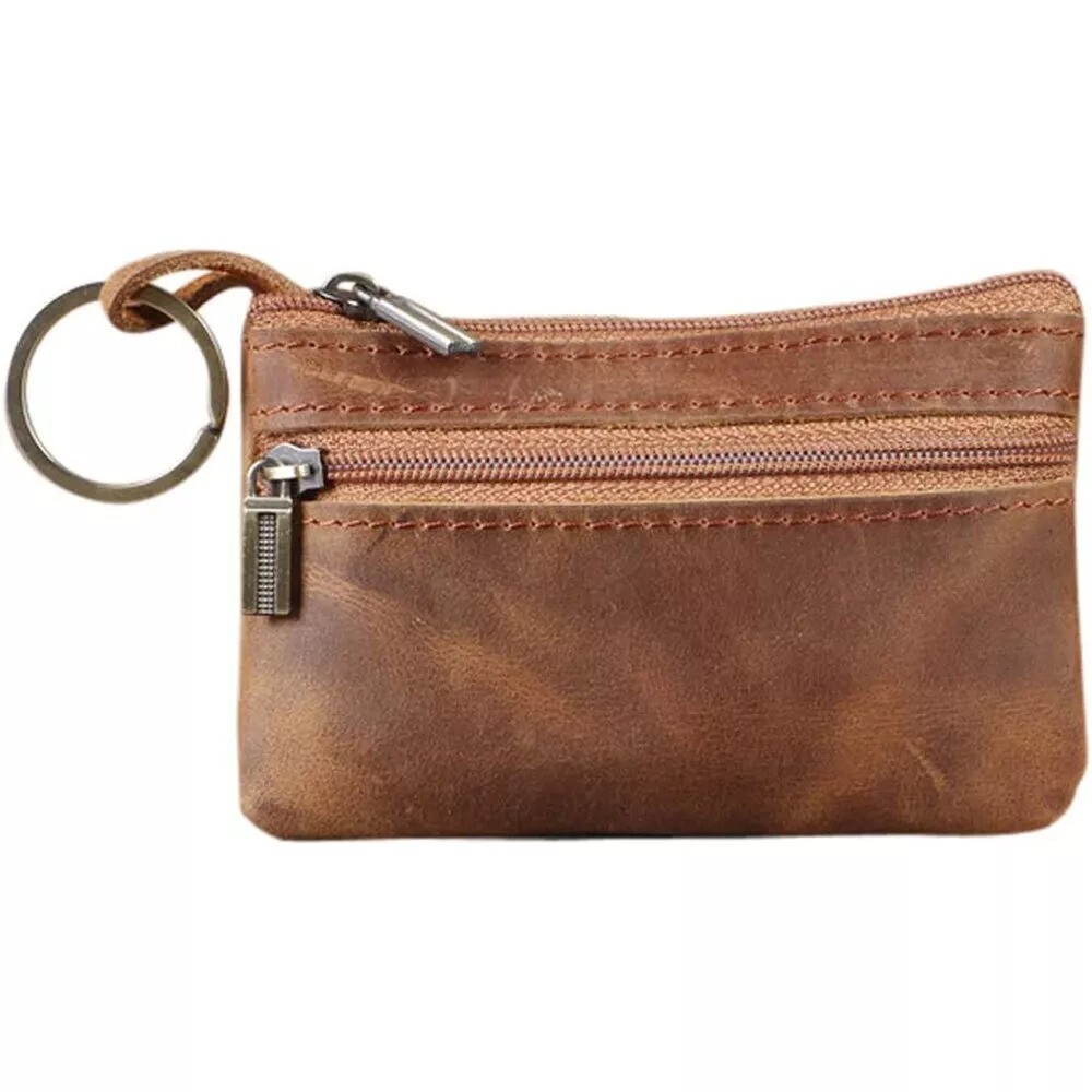Brown Genuine Leather Small Coin Holder Change Purse Zipper Key Card Wallet