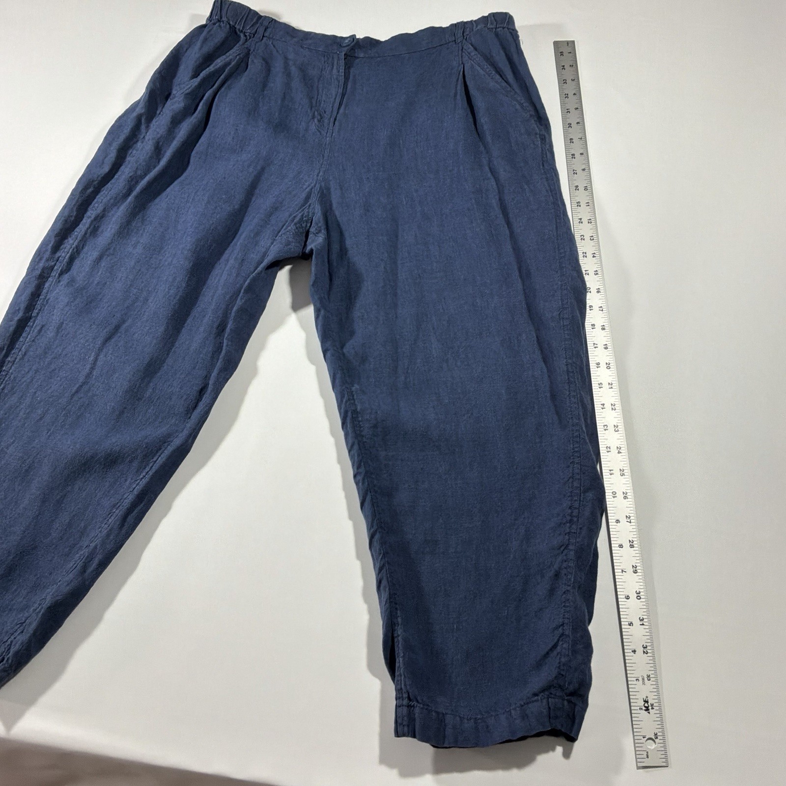 Poetry Blue Linen/Cotton Woven Pants Relaxed Tapered Ankle Mid Rise US 18