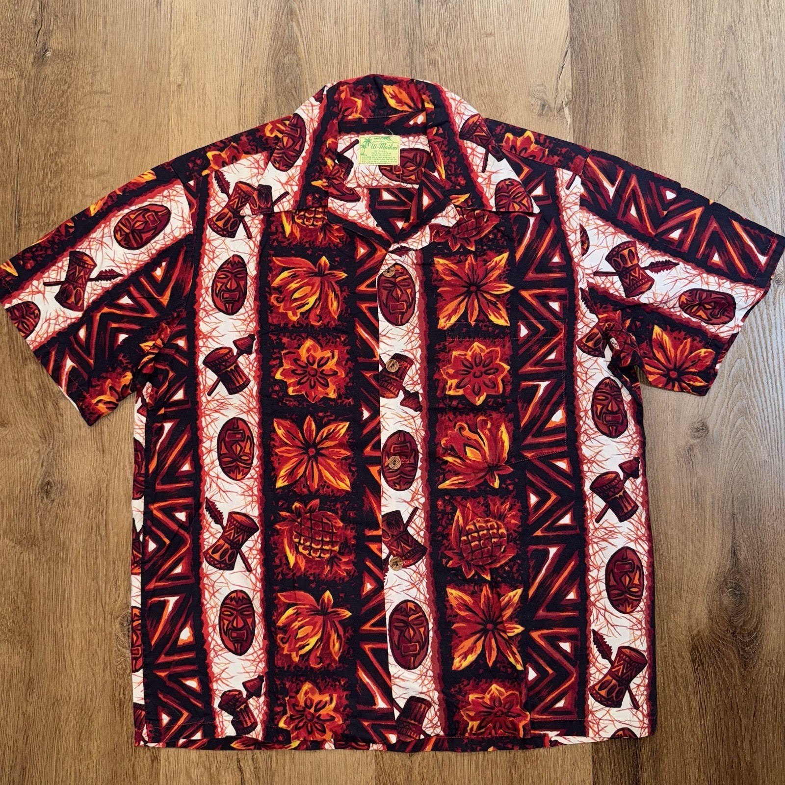 Vtg 60s Ui Maikai Hawaiian Shirt Men Medium Tiki Warrior Cotton Floral Pineapple