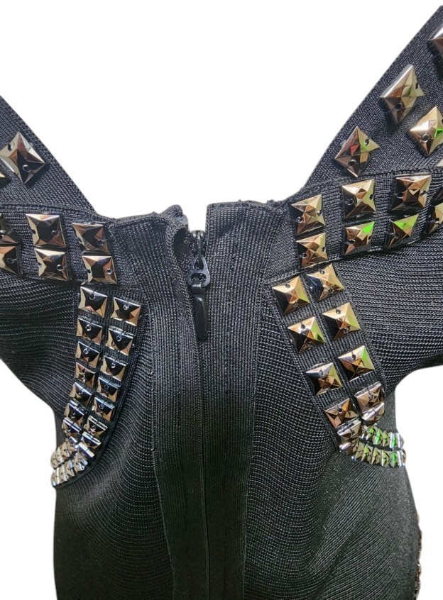 Wow Couture Gold Label Black Studded Bandage Dress Size Large Bondage Goth Punk